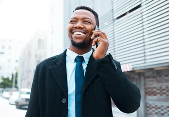 Poster - Black, businessman and phone call for communication in the city and smile for happy discussion in success. African American man smiling for successful conversation on smartphone in a urban town