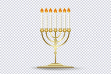 Golden Menorah Icon. Traditional Seven-branched Jewish Candlestick. Hanukkah Menorah With Burning Candles. Hanukkah Candlestick With Candles Isolated Object On Transparent. Vector Illustration