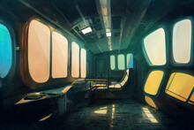 Digital Illustration Of Retro Interior Of A Spaceship. Inside An Abandoned Spacecraft Concept Art. Concept Art Featuring Interior Design Of A Fictional Sci-fi Intergalactic Ship Travelling In Space.
