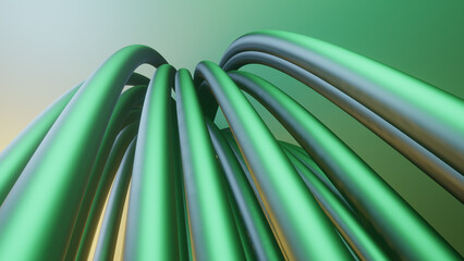 intertwined green 3d abstract render illustration or colourful shiny metal tubes and lines with twis