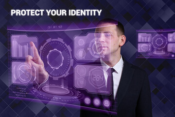 Wall Mural - Business, Technology, Internet and network concept. Young businessman working on a virtual screen of the future and sees the inscription: Protect your identity