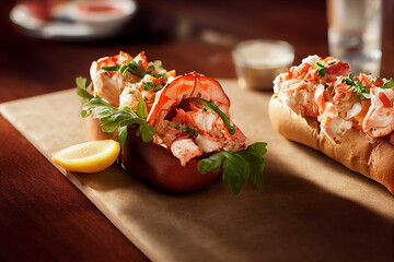 Tasty lobster roll sandwiches, food photography, photorealistic illustration