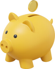 Poster - Yellow piggy bank, dropping coins. PNG icon on transparent background. 3D rendering.