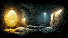Dark Medieval Castle Dungeon Tunnel ,Dark Underground Corridor In A Dungeon With Light