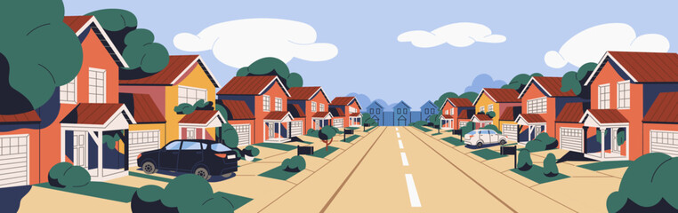Fototapete - Suburban street with houses and road. Homes, garages in residential district of town, suburbs. Landscape, panorama of modern city outskirts with buildings, real estate. Flat vector illustration