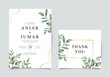 wedding invitation template with thank you card with watercolor leaves