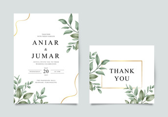 Wall Mural - wedding invitation template with thank you card with watercolor leaves