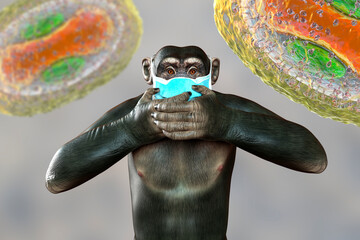 Poster - Upset monkey in a mask holding his head, conceptual 3D illustration