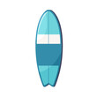 Fish-like surfboard, short water board. Thick hybrid shortboard top view. Beach sport fishtail-style item for summer extreme surfing. Flat graphic vector illustration isolated on white background