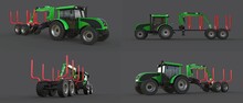 Green Tractor With A Trailer For Logging On A Gray Background. 3d Rendering.