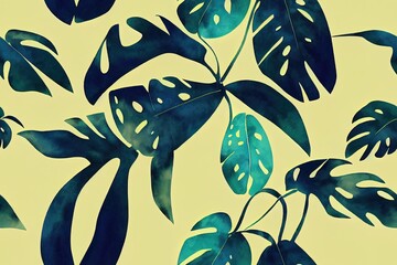 Poster - Watercolor seamless pattern with tropical leaves palms monstera passion fruit Beautiful allover print with hand drawn exotic plants Swimwear botanical design