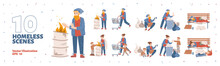 Scenes With Homeless People, Beggars Living On City Street. Hobo Characters, Sad Needy Mother With Son And Lonely Man Sleep On Bench, Dig In Trash And Begging, Vector Hand Drawn Illustration