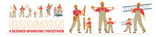 Dad And Son In Handyman Uniform And Helmet Working Together. Boy Help Father Build And Repair. Handyman And Kid With Construction Tools, Vector Hand Drawn Illustration