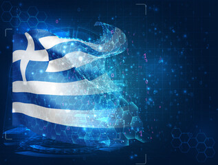 Greece,  vector flag, virtual abstract 3D object from triangular polygons on a blue background