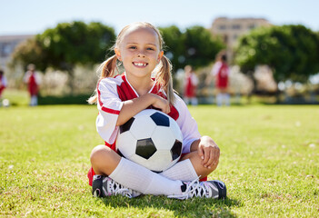 soccer ball, sports girl and field sitting, training for youth competition match playing at stadium 