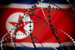 The flag of North Korea behind barbed wire. Concept: aggressor country, military conflict,