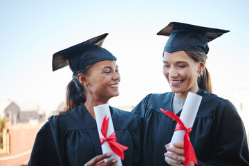 Leinwandbilder - Education, friends and women at graduation, happy and excited about certificate success. Future, university and scholarship with smiling students talking and enjoying graduate celebration event