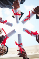 Wall Mural - Graduation, diploma and hands with a student group outside in a huddle or circle from below. Graduate, success and university with friends holding a degree after completing college education