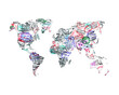 World map created with passport stamps, isolated on transparent background, travel concept