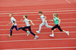 © master1305 - Group of children running on treadmill at stadium or arena. Little fit boys and girls in sportswear training as athletes outdoor. Concept of sport, fitness, achievements, studying, goals, skills
