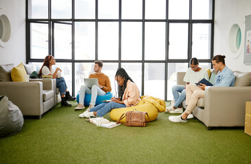 Poster - Students, diversity and relax study space in school, college or university campus for research support. Business education, learning or technology for friends, men or women with scholarship notebooks