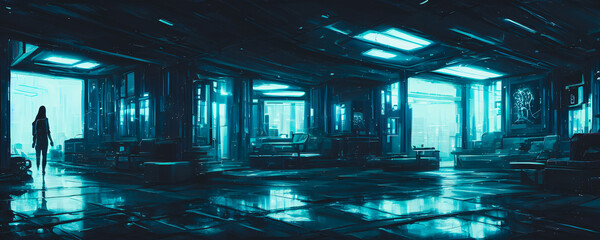 Sticker - Artistic concept painting of a beautiful futuristic interior, background 3d illustration.