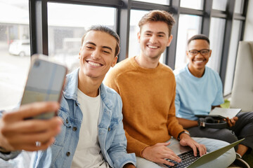 Aufkleber - Selfie with phone, group of male students smile and take video for social media together with laptop. University, technology and education, happy young man with smile taking picture of class friends.