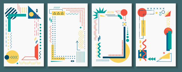 Cards with lots of vector geometric shapes. Memphis trendy graphic elements. Template for your project, advertising, banner, poster, t-shirt.