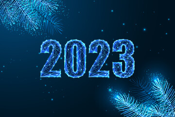 Wall Mural - Abstract 2023 Happy New Year digital web banner with evergreen branches in futuristic style on blue