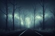 Raster illustration of spooky empty road in dark scary forest. A scene from a horror movie. Night time. Bare trees, magical realism. Fear concept. 3D artwork rendering background