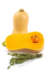 Wall Mural - Fresh butternut squash with thyme and sage isolated on a white background, Butternut Pumpkin isolated on white background. Healthy food concept.