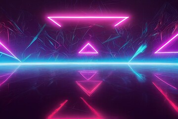 Leinwandbilder - Modern empty futuristic room in neon cyberpunk style. Realistic cinematic light. Template, layout of cyber, premises, rooms. Room with pink neon geometric shapes 3D illustration