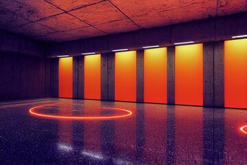 Wall Mural - Modern empty futuristic room in neon cyberpunk style. Realistic cinematic light. Template, layout of cyber, premises, rooms. Room with orange neon walls and glossy floor 3D illustration