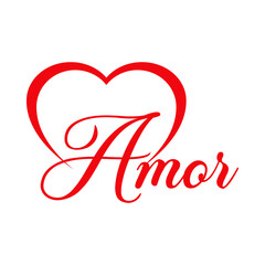 Poster - Logo con texto manuscrito Amor en español con silueta de corazón lineal con filigrana caligráfica. Líneas con florituras