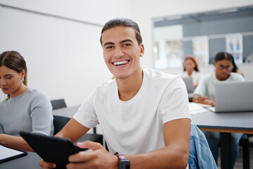 Poster - Classroom, digital tablet and student portrait for university learning software app, information technology course and education. Happy college scholarship man with people for online project research