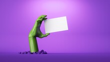 3d Render, Green Zombie Hand Holds Blank Card And Shows Out Of The Ground, Halloween Clip Art Isolated On Purple Background