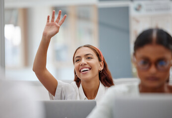 Aufkleber - Women, education question or laptop in school, university or Brazilian college classroom with knowledge motivation. Smile, happy or asking student on technology in computer study or software learning