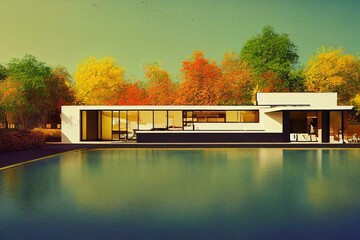 Poster - 3d rendering of modern cozy house with pool and parking for sale or rent in luxurious style and beautiful landscaping on background Clear sunny autumn day with golden leaves anywhere