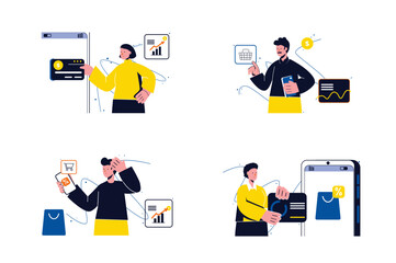 Poster - Concept Mobile commerce with people four scenes in the flat cartoon style. Buyers pay for goods and services through Internet banking. Vector illustration.
