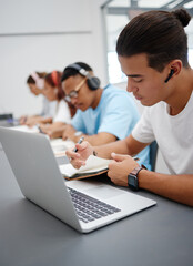 Leinwandbilder - Music, laptop and university student studying for exam with technology for online course information, research class. College people with headphones for elearning translation audio and writing notes