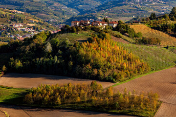 Wall Mural - Rural houses and autumnal trees on the hill in Italy.