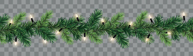 Wall Mural - vector seamless decorative christmas garland with coniferous branches and glowing light chain on tra