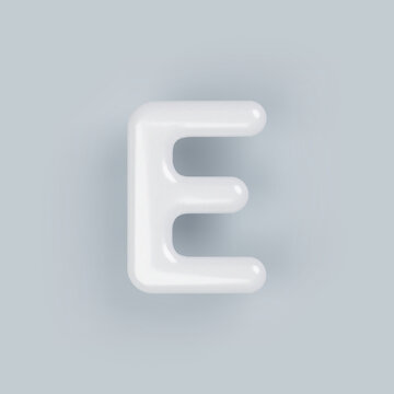 3D White plastic uppercase letter E with a glossy surface on a gray background.