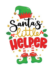 Sticker - Santa's little Helper - phrase for Christmas baby, kid clothes or ugly sweaters. Hand drawn lettering for Xmas greetings cards, invitations. Good for t-shirt, mug, gift, printing press. Little Elf.