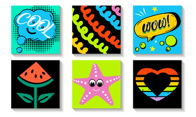 Banner collection of Different colored cartoon comic book characters and abstract shapes and lines