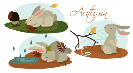 Illustrations for the three months of autumn with rabbits in different situations. Pictures for children's illustrations for books, manuals. Printed products postcard.