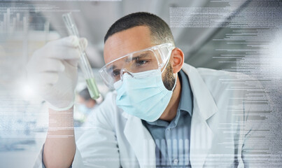 Poster - Covid, science and research with a man engineer holding a vial while working on innovation and development in a lab with overlay. Analytics, data and sample with a scientist at work in a laboratory