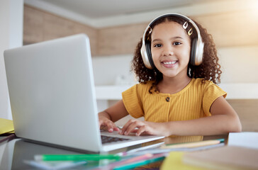 Wall Mural - Learning, typing and girl on laptop with headphones on internet class, online studying or web elearning. Homeschooling, education and happy kid or child smile busy working on webinar course homework.