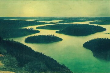 Wall Mural - Aerial view of coastline road with green woods and blue lakes water in summer Finland.