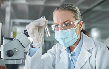 Aufkleber - Covid lab, medical science and scientist working on futuristic medicine research for healthcare at a pharmacy. Doctor doing an expert chemical test on liquid for innovation while at a hospital
